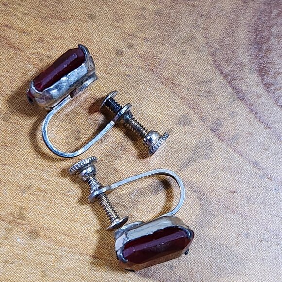 Antique Emerald Cut Ruby Non Pierced Earrings Sterling Silver - Picture 3 of 7
